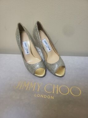 35 Jimmy Choo Gold Glitter Peep-Toe Pumps